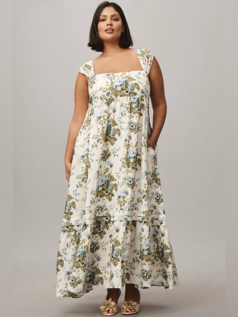 By Anthropologie Floral Blue Rose Maxi Square Neck Dress 1x